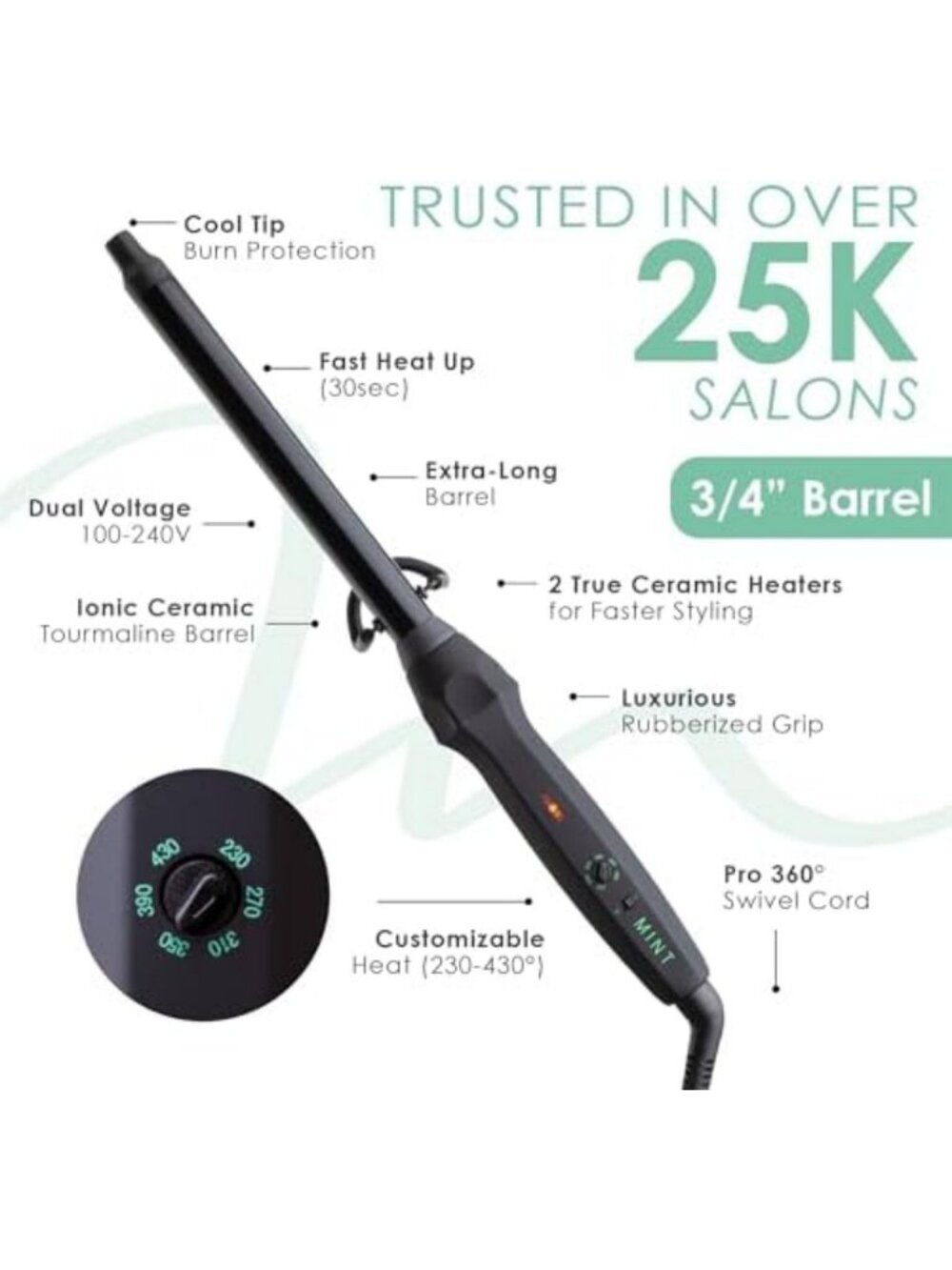 Mint Green 3/4 Inch Ceramic Curling Wand - Clamp-Free, Perfect for Long Hair - Picture 5 of 7